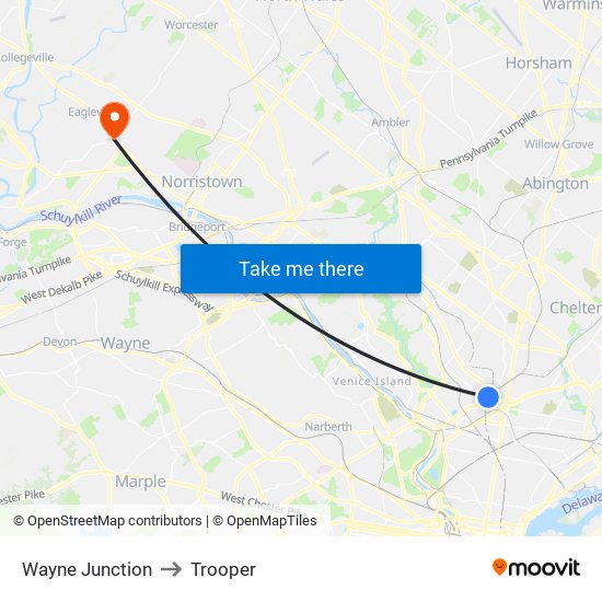 Wayne Junction to Trooper map