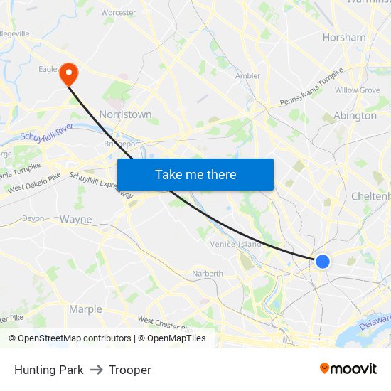 Hunting Park to Trooper map