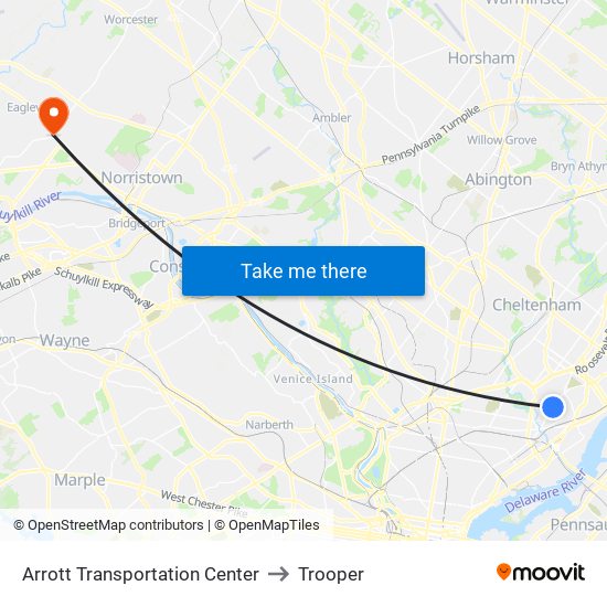 Arrott Transportation Center to Trooper map