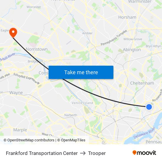 Frankford Transportation Center to Trooper map