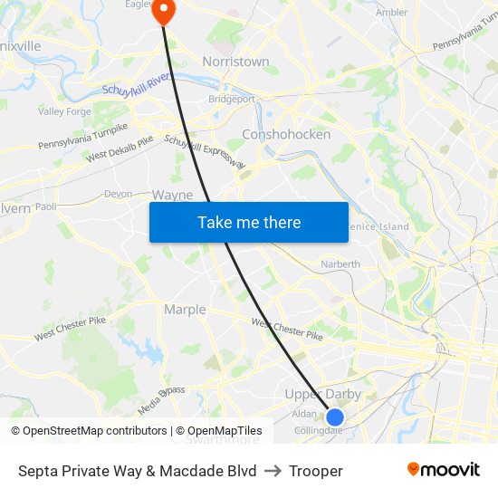 Septa Private Way & Macdade Blvd to Trooper map
