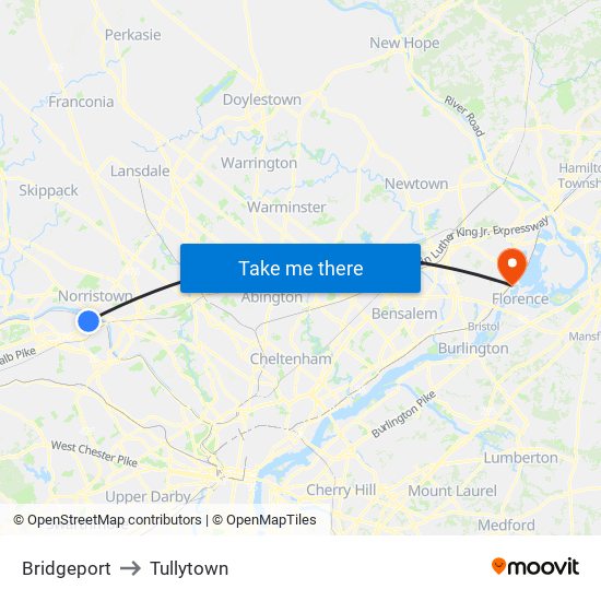 Bridgeport to Tullytown map