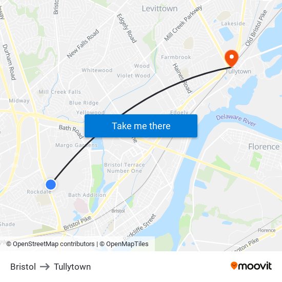 Bristol to Tullytown map