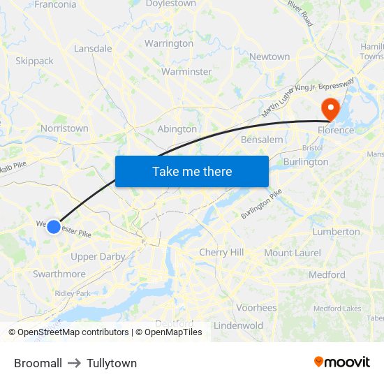 Broomall to Tullytown map