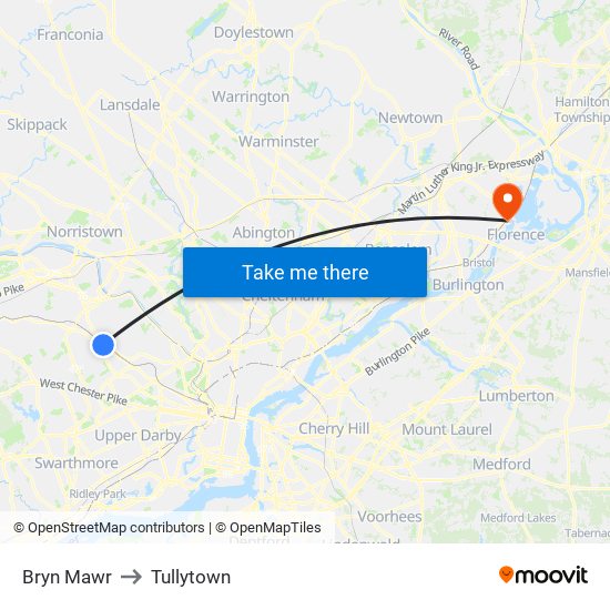Bryn Mawr to Tullytown map