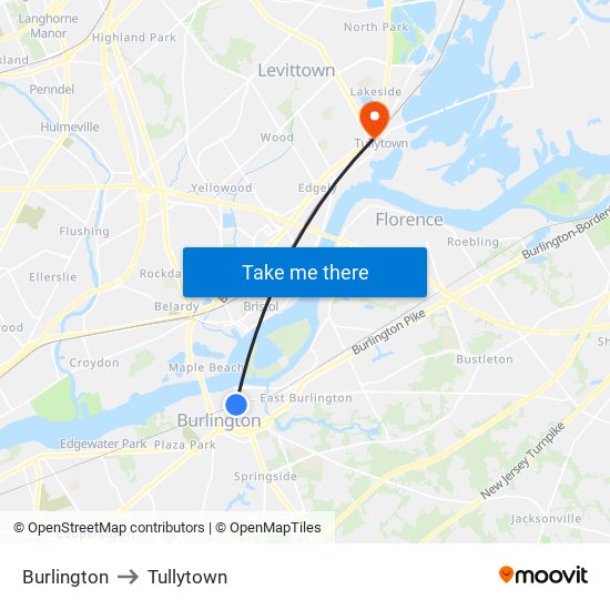 Burlington to Tullytown map
