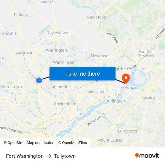 Fort Washington to Tullytown map