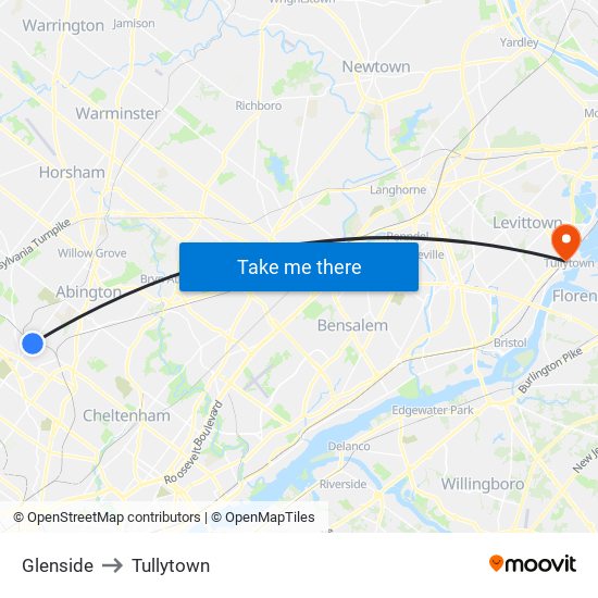 Glenside to Tullytown map