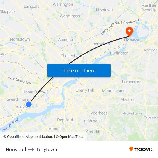 Norwood to Tullytown map