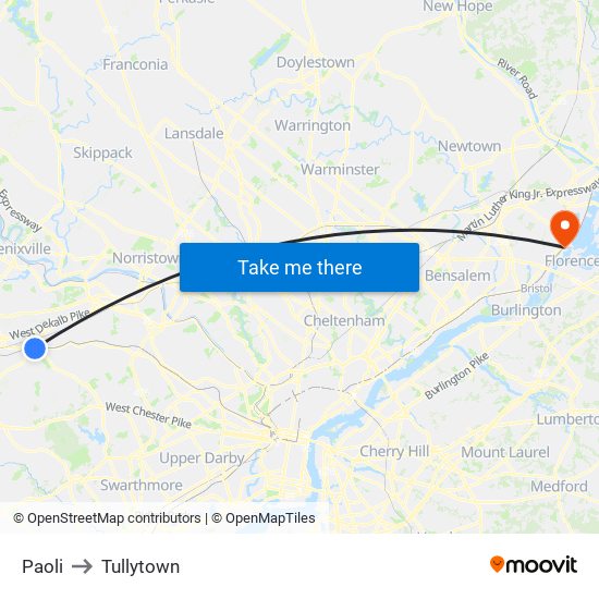 Paoli to Tullytown map