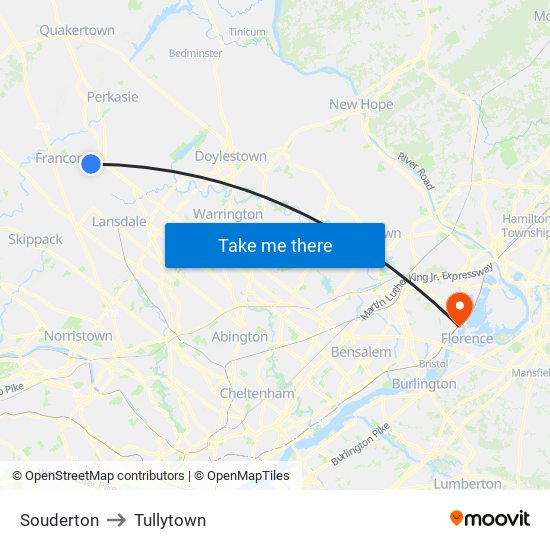 Souderton to Tullytown map