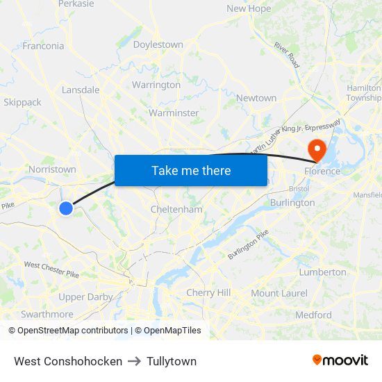 West Conshohocken to Tullytown map