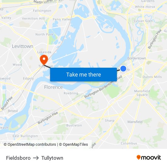 Fieldsboro to Tullytown map