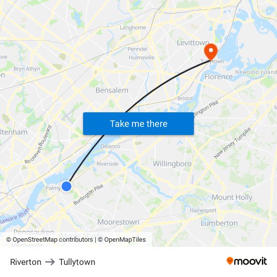 Riverton to Tullytown map