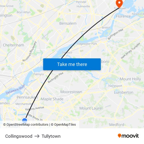 Collingswood to Tullytown map