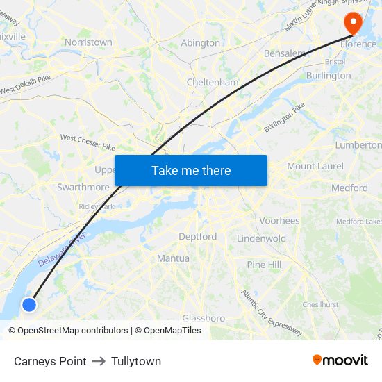 Carneys Point to Tullytown map