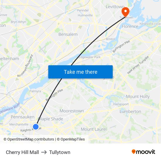 Cherry Hill Mall to Tullytown map