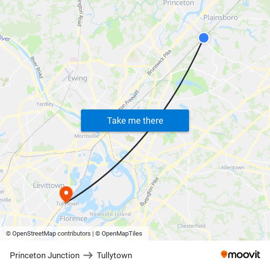 Princeton Junction to Tullytown map