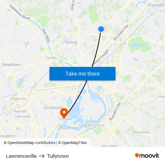 Lawrenceville to Tullytown map