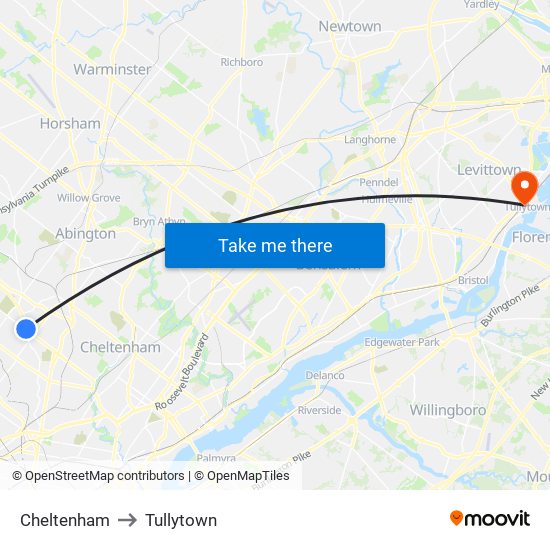 Cheltenham to Tullytown map