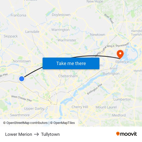 Lower Merion to Tullytown map