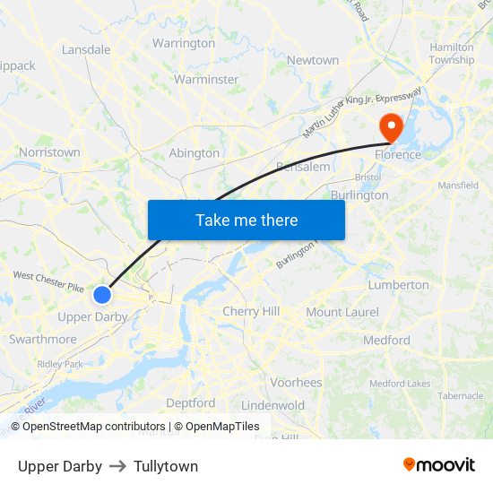 Upper Darby to Tullytown map