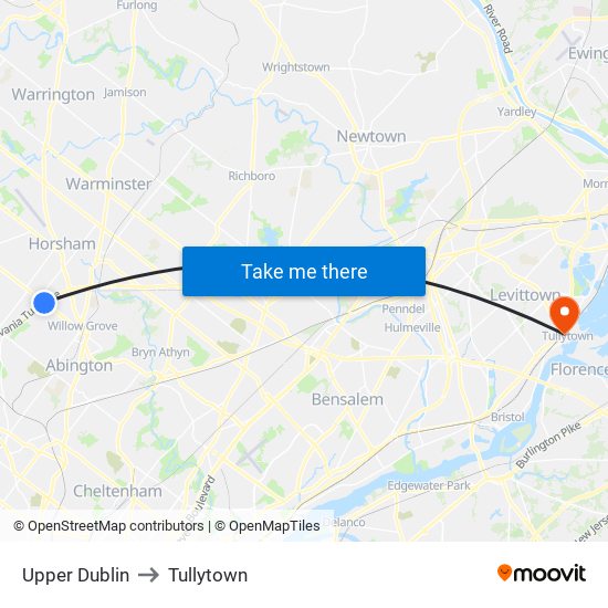 Upper Dublin to Tullytown map