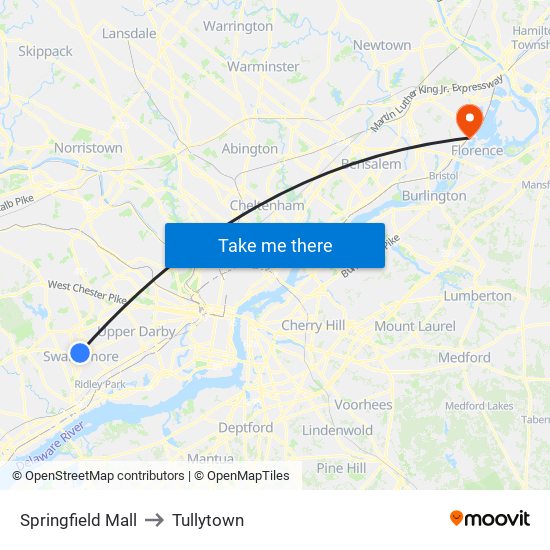 Springfield Mall to Tullytown map