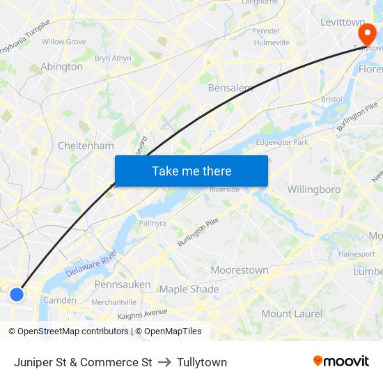 Juniper St & Commerce St to Tullytown map