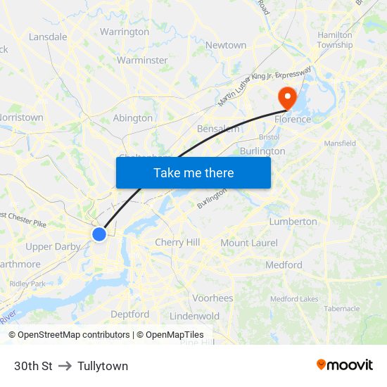 30th St to Tullytown map