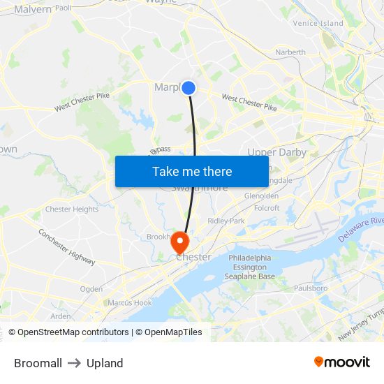 Broomall to Upland map