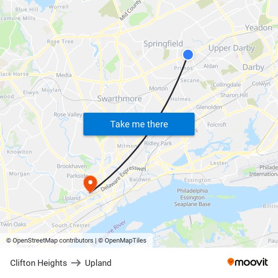 Clifton Heights to Upland map