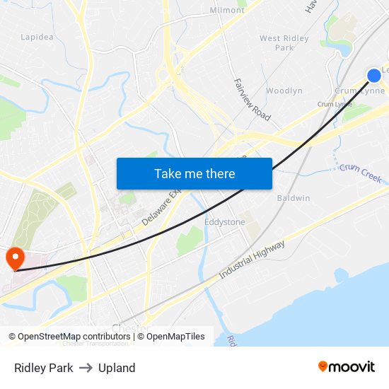 Ridley Park to Upland map