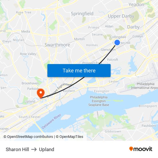 Sharon Hill to Upland map