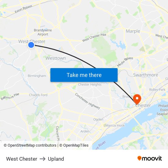 West Chester to Upland map