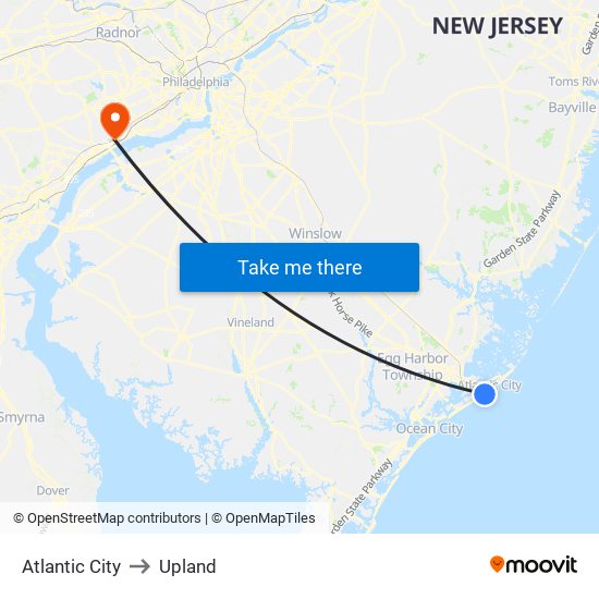 Atlantic City to Upland map