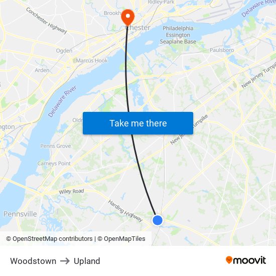 Woodstown to Upland map