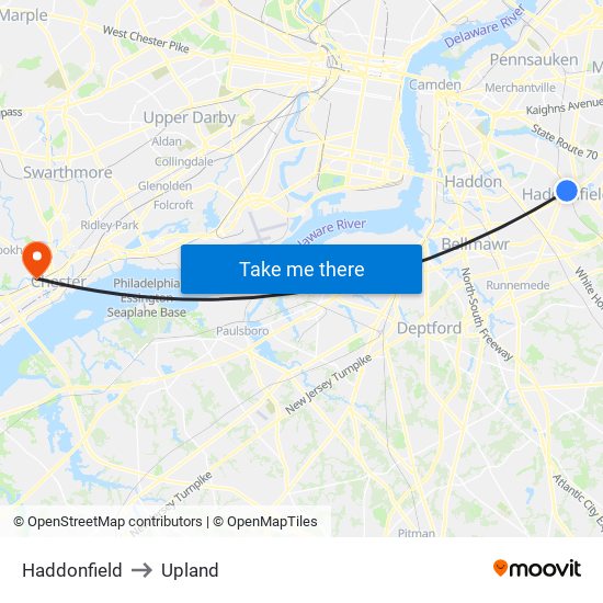 Haddonfield to Upland map