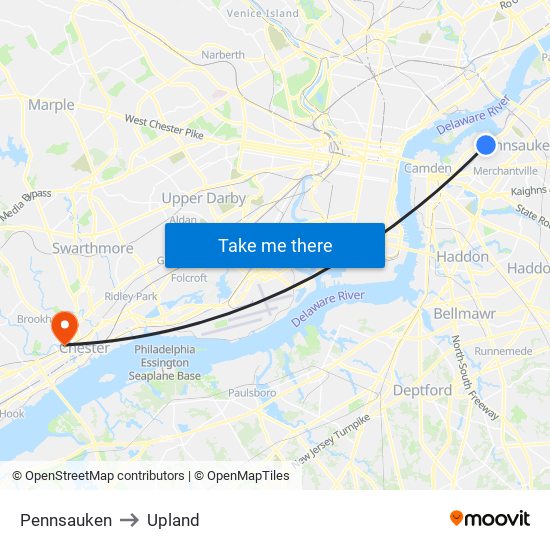Pennsauken to Upland map