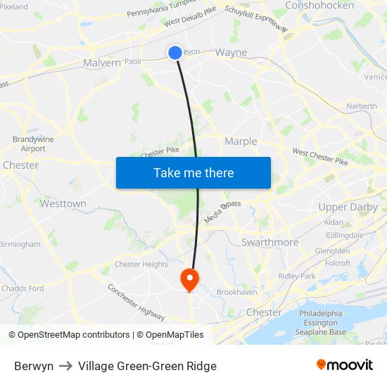 Berwyn to Village Green-Green Ridge map