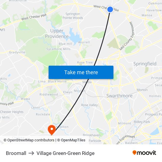 Broomall to Village Green-Green Ridge map