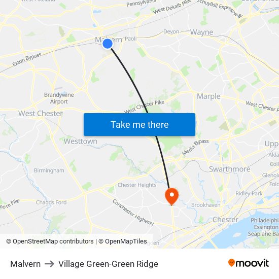 Malvern to Village Green-Green Ridge map