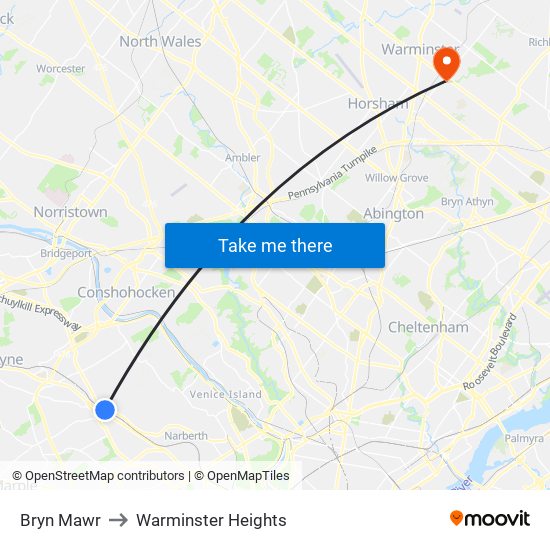 Bryn Mawr to Warminster Heights map