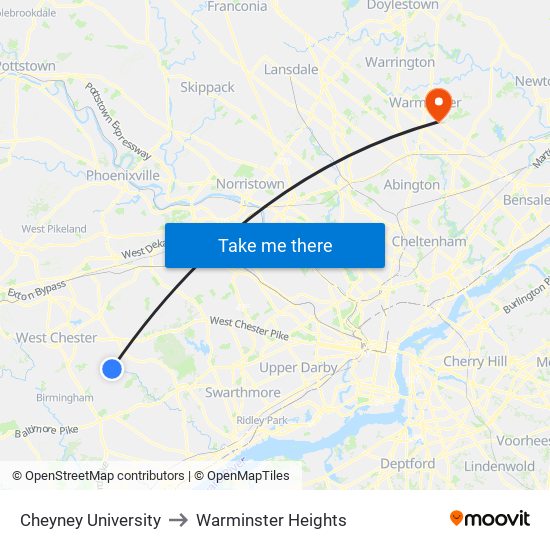 Cheyney University to Warminster Heights map