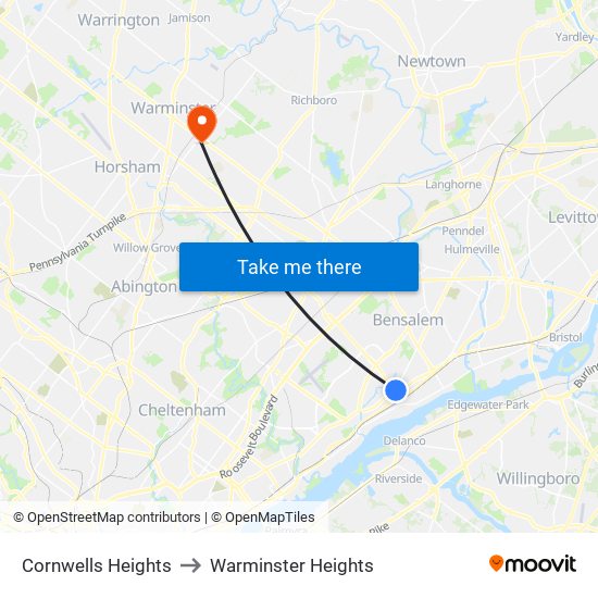 Cornwells Heights to Warminster Heights map