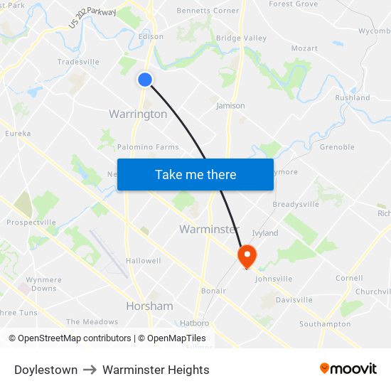 Doylestown to Warminster Heights map