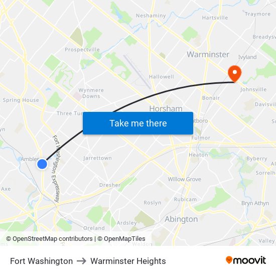 Fort Washington to Warminster Heights map