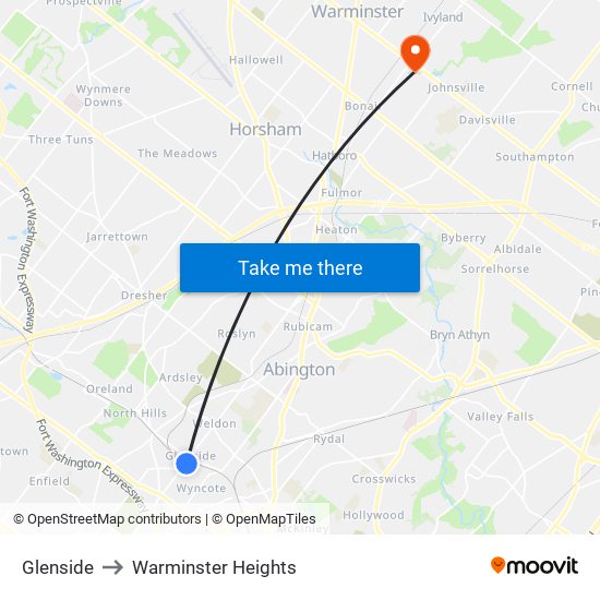 Glenside to Warminster Heights map