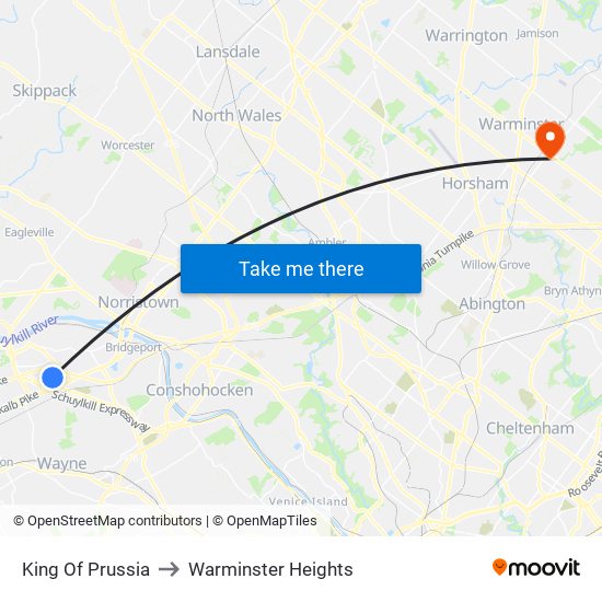 King Of Prussia to Warminster Heights map