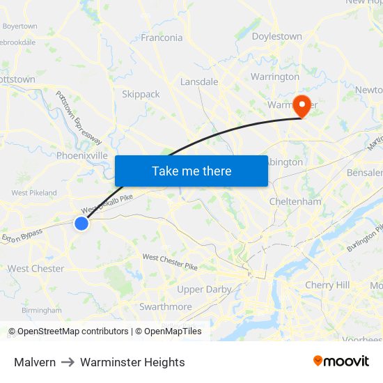 Malvern to Warminster Heights map